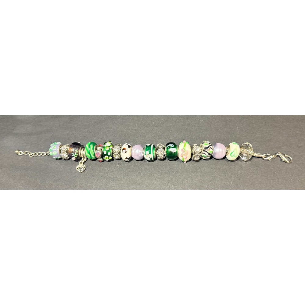 Pandora Charm Bracelet Murano Glass Floral Beads Green Purple Silver Heart
